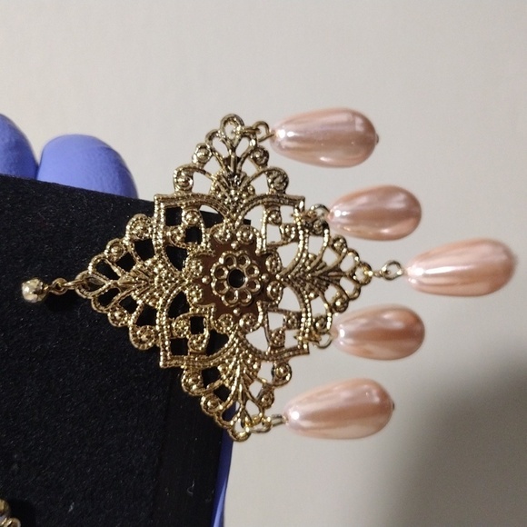 Women's Gold-tone Diamond Shape Filigree Design Beaded Drop Dangle Earrings, #6 - Picture 4 of 5